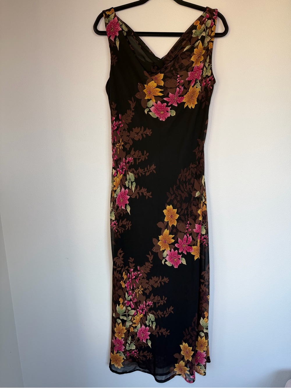 Vintage Marina Beaded Floral Whimsical Chiffon Cowl Neck Formal Maxi Dress 90’s